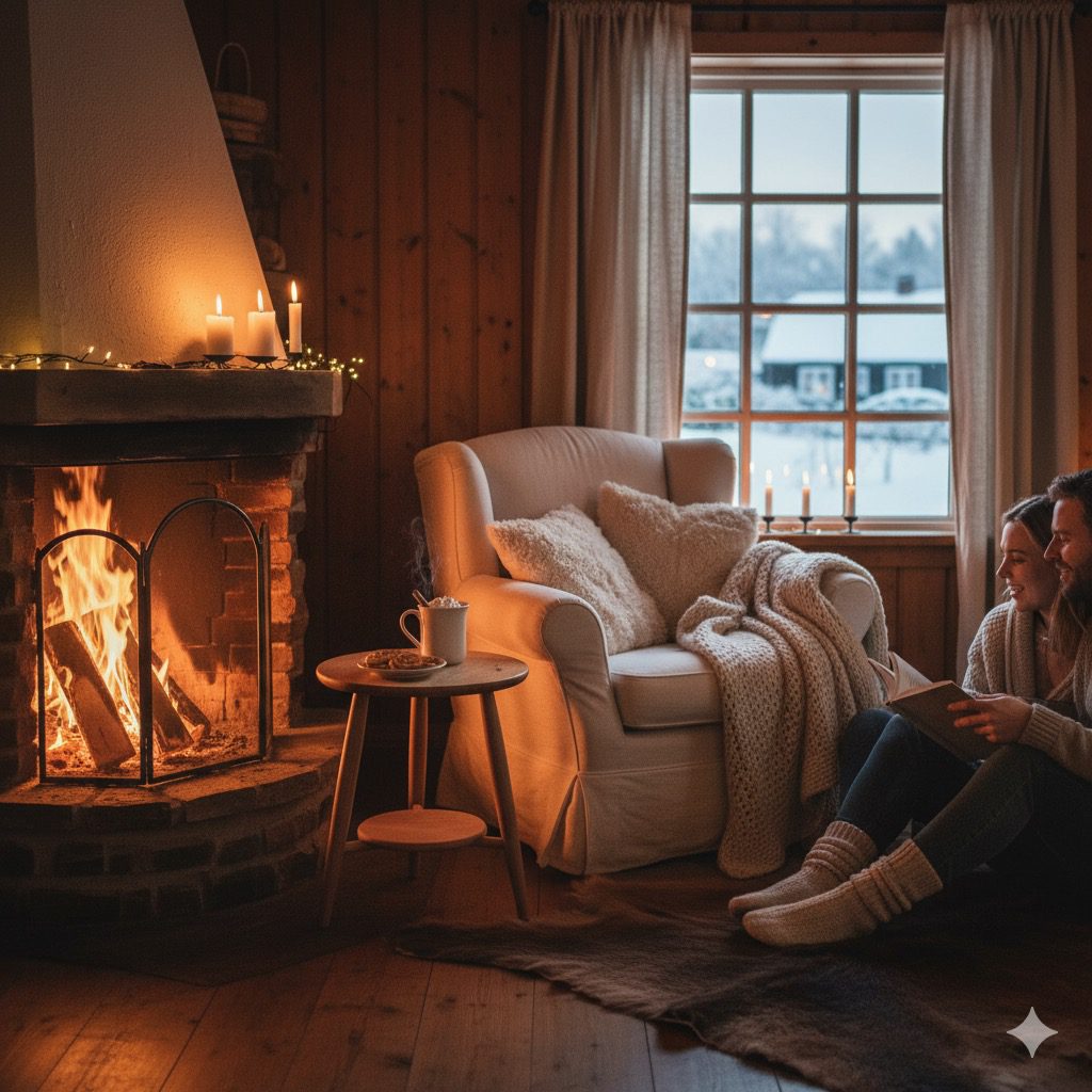 Ferienhaus mit Licht im Fenster, Dünen und Winterhimmel