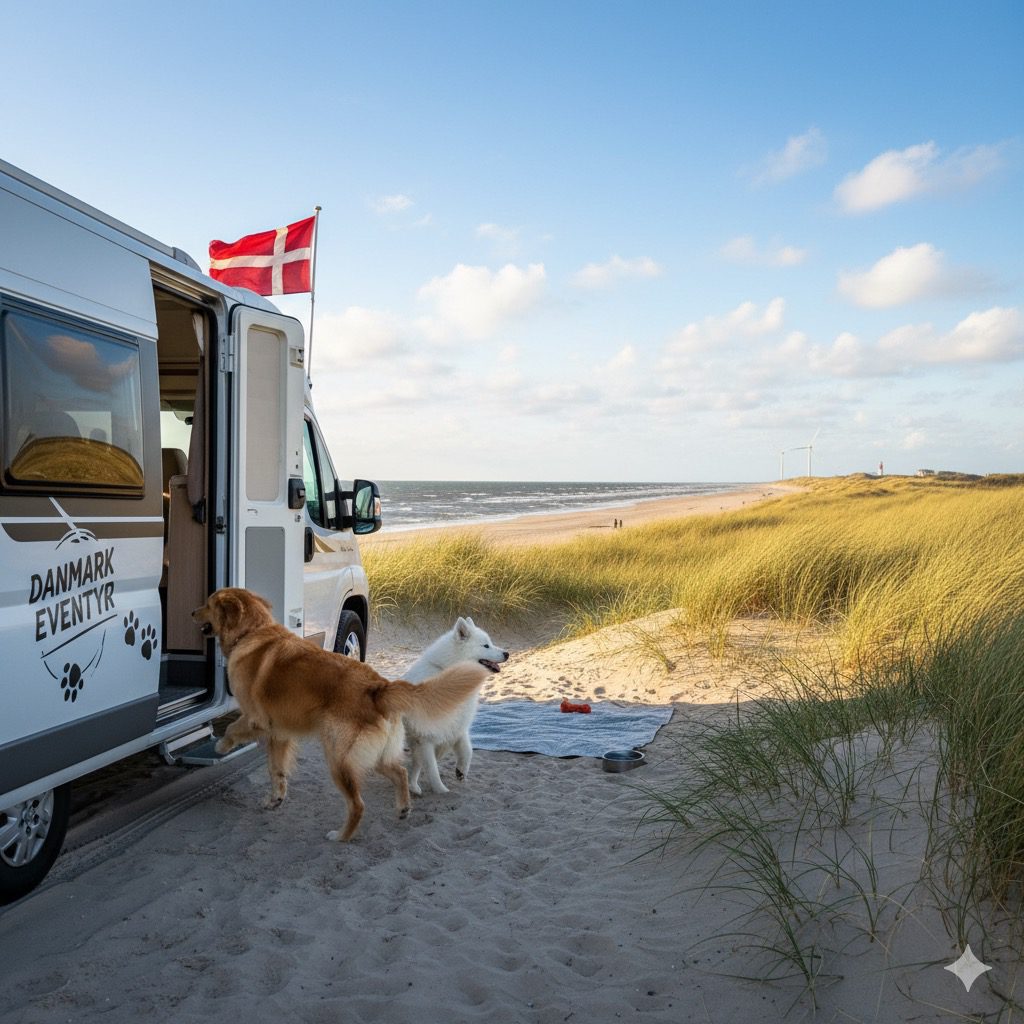 Wohnmobil mit Hund am Strand in Dänemark - perfekter Urlaub zu viert