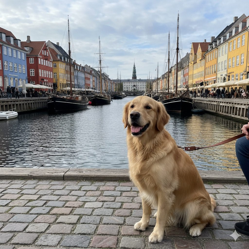 Kopenhagen mit Hund an der Nyhavn