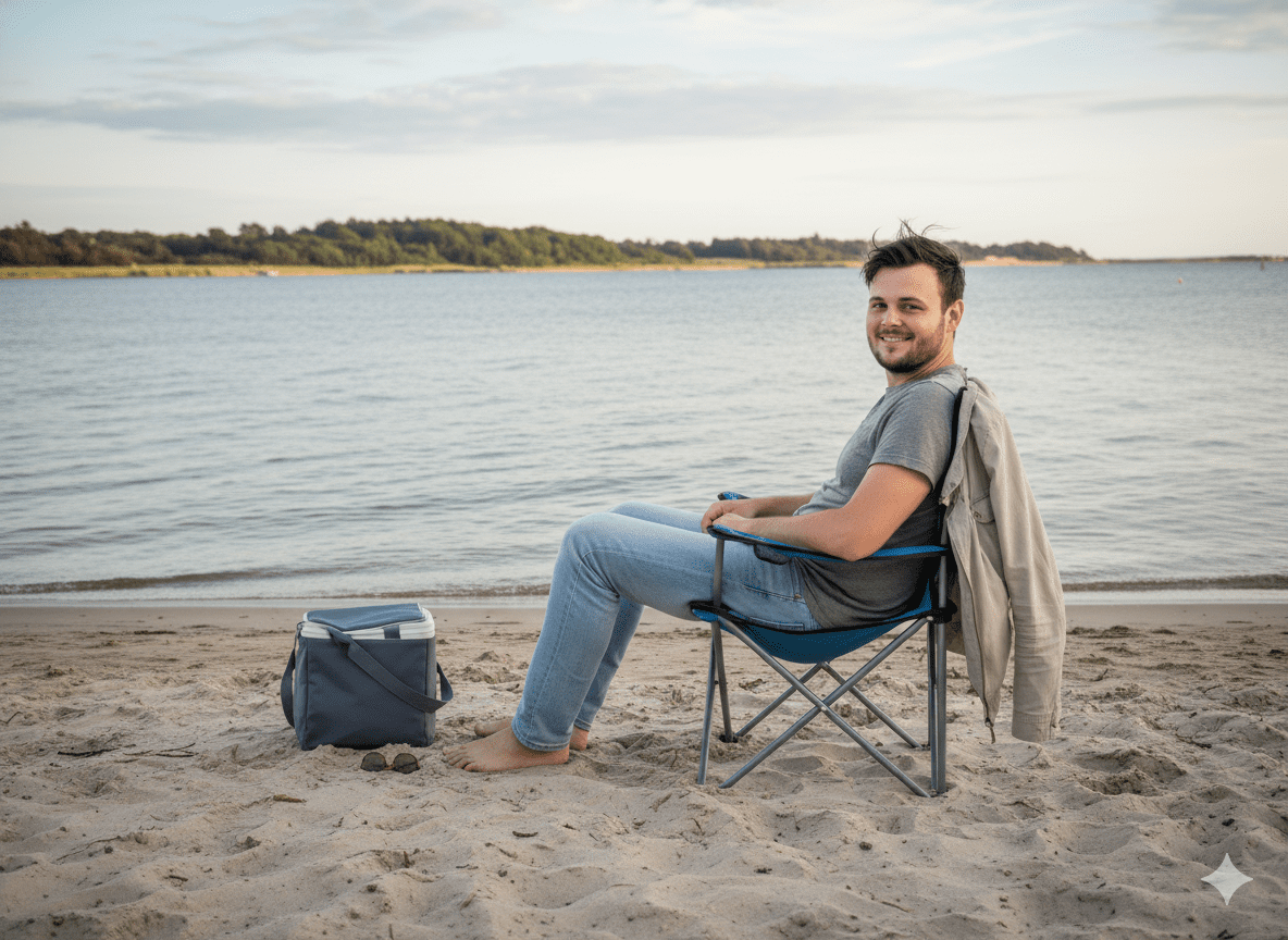Marcel mit hochwertigen Strandstühlen auf der Terrasse eines Ferienhauses in Dänemark – persönliche Erfahrung