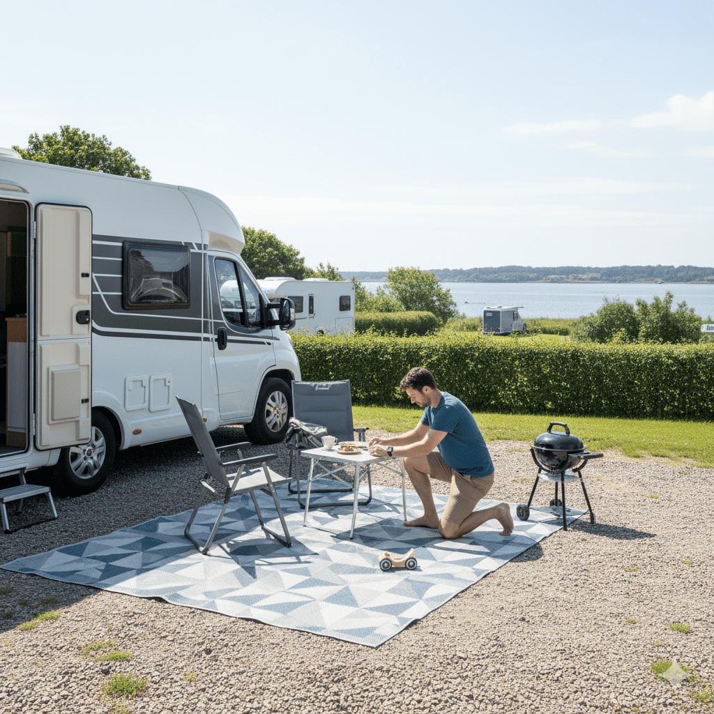 Marcel nutzt einen Outdoorteppich vor dem Wohnmobil-Stellplatz bei Broager – persönliche Camping-Erfahrung