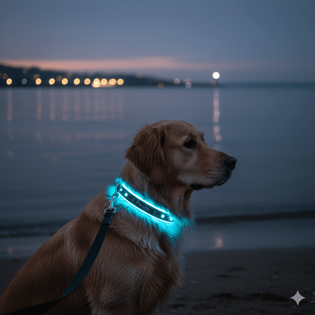 Hund mit reflektierendem Geschirr am dunklen Strand in Dänemark