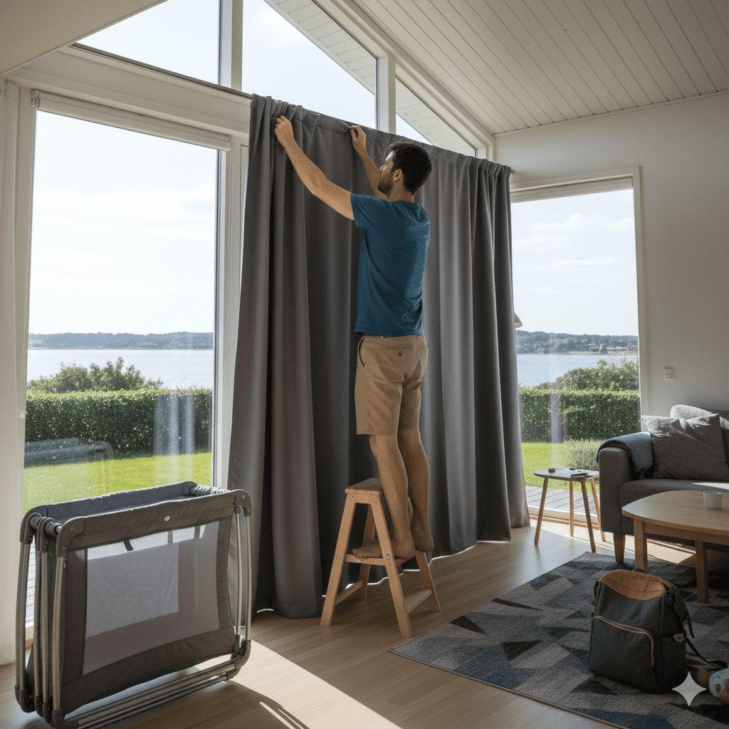 Marcel bringt Verdunkelungsvorhänge im dänischen Ferienhaus in Broager an – persönliche Erfahrung in hellen Sommernächten