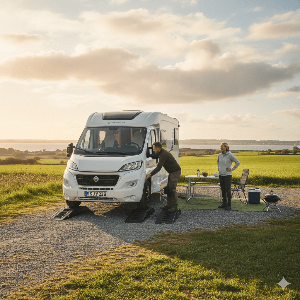 Marcel richtet Campingwagen mit Auffahrkeilen auf einem Stellplatz bei Broager aus – persönliche Erfahrung