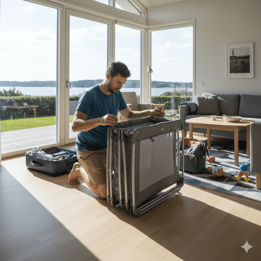 Marcel stellt ein Reisebett im Ferienhaus in Broager auf – persönliche Erfahrung im Familienurlaub