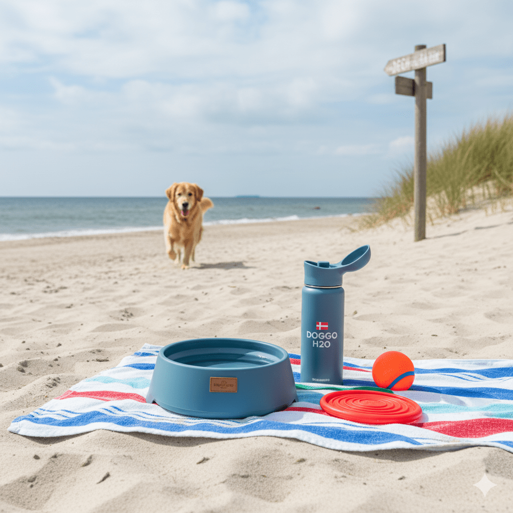 Hund Strandset mit Trinkflasche und Schüssel für Dänemark