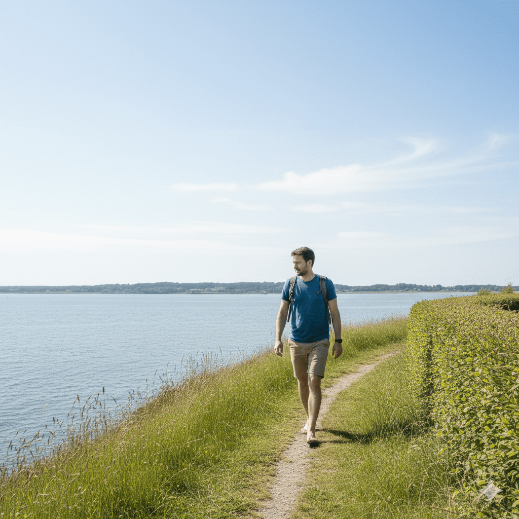 Marcel mit Tagesrucksack auf dem Gendarmstien bei Broager – persönliche Erfahrung