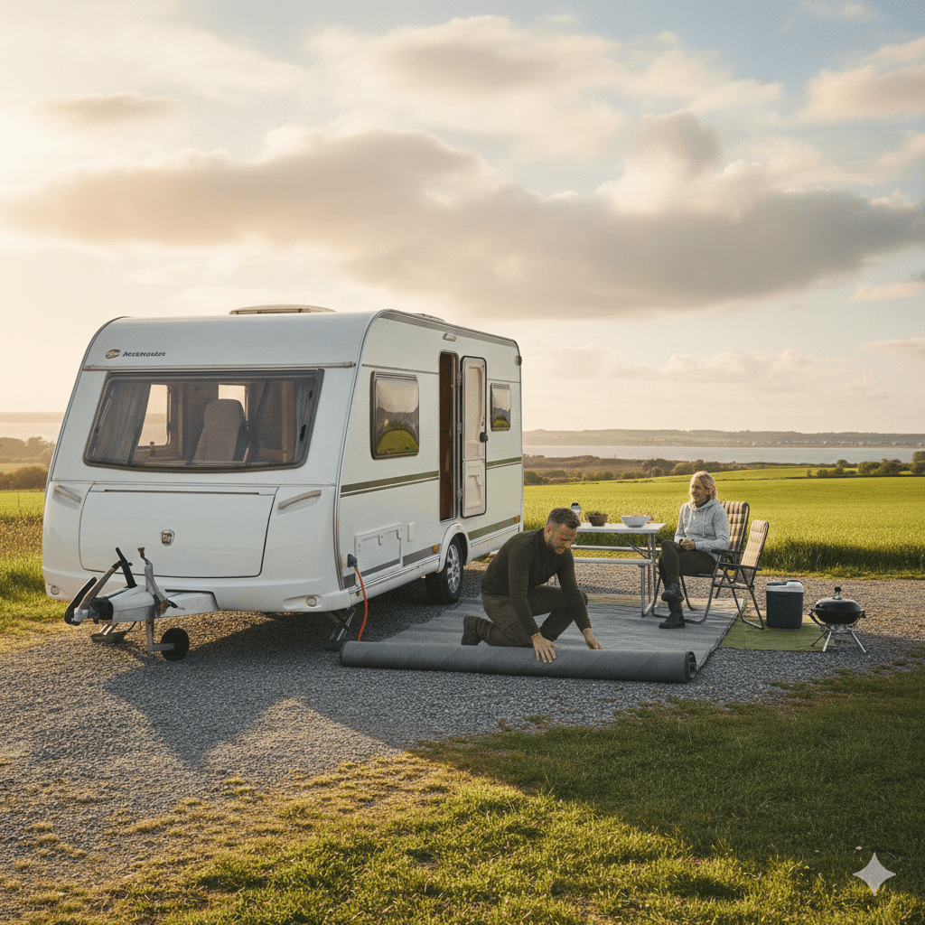 Marcel mit Vorzeltteppich vor dem Campingwagen auf einem Platz bei Broager – persönliche Erfahrung
