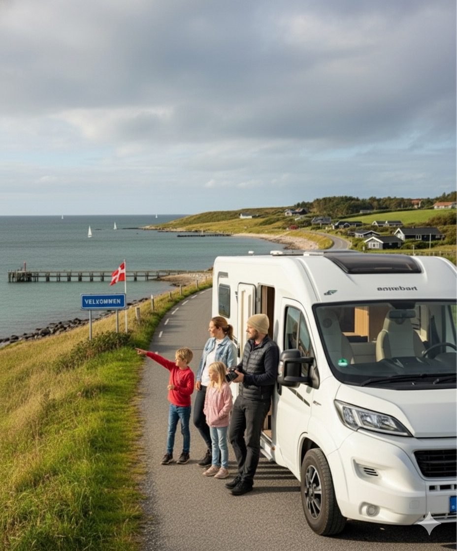 Kinder mit Wohnwagen an der Ostsee