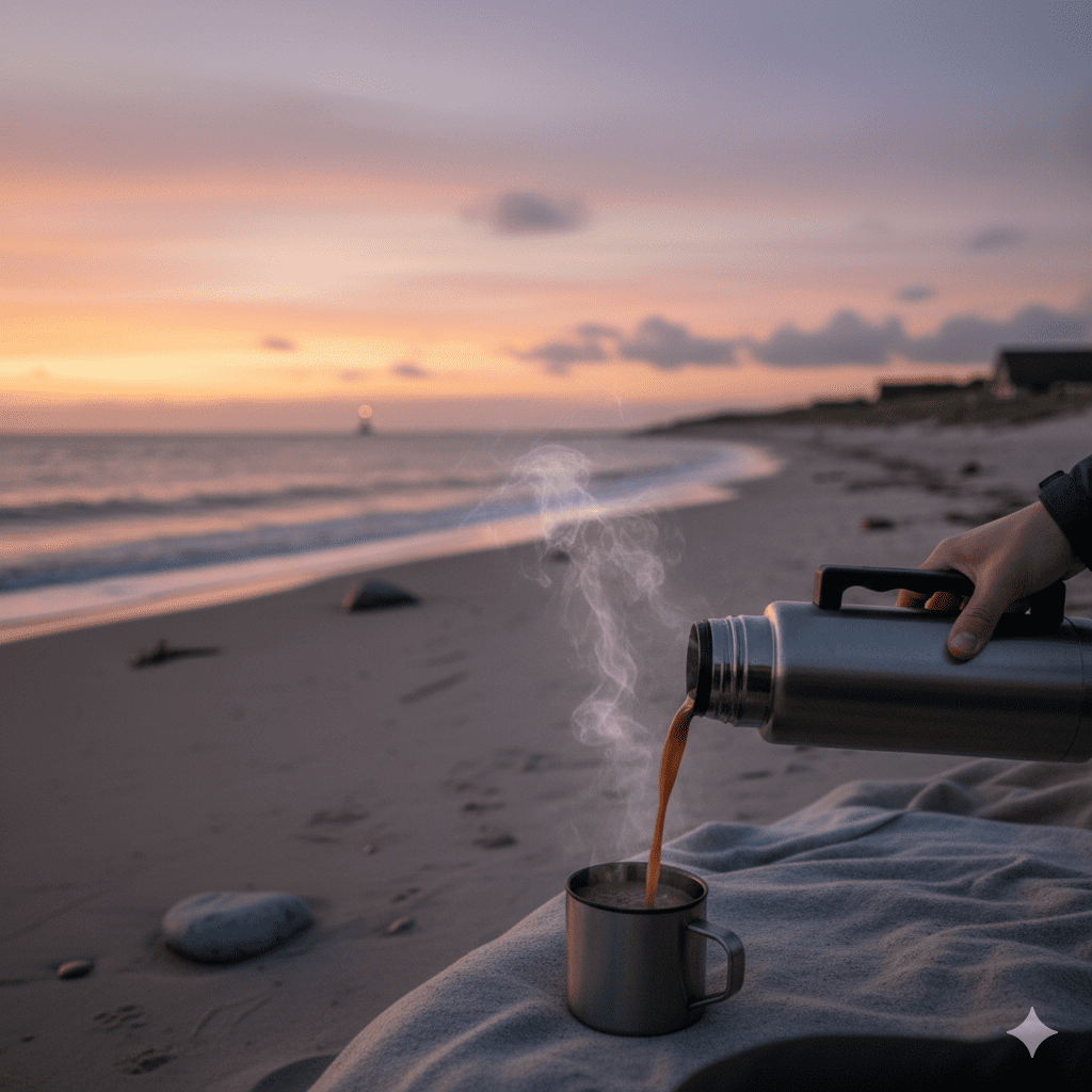 Thermoskanne mit heißem Getränk am Strand von Dänemark