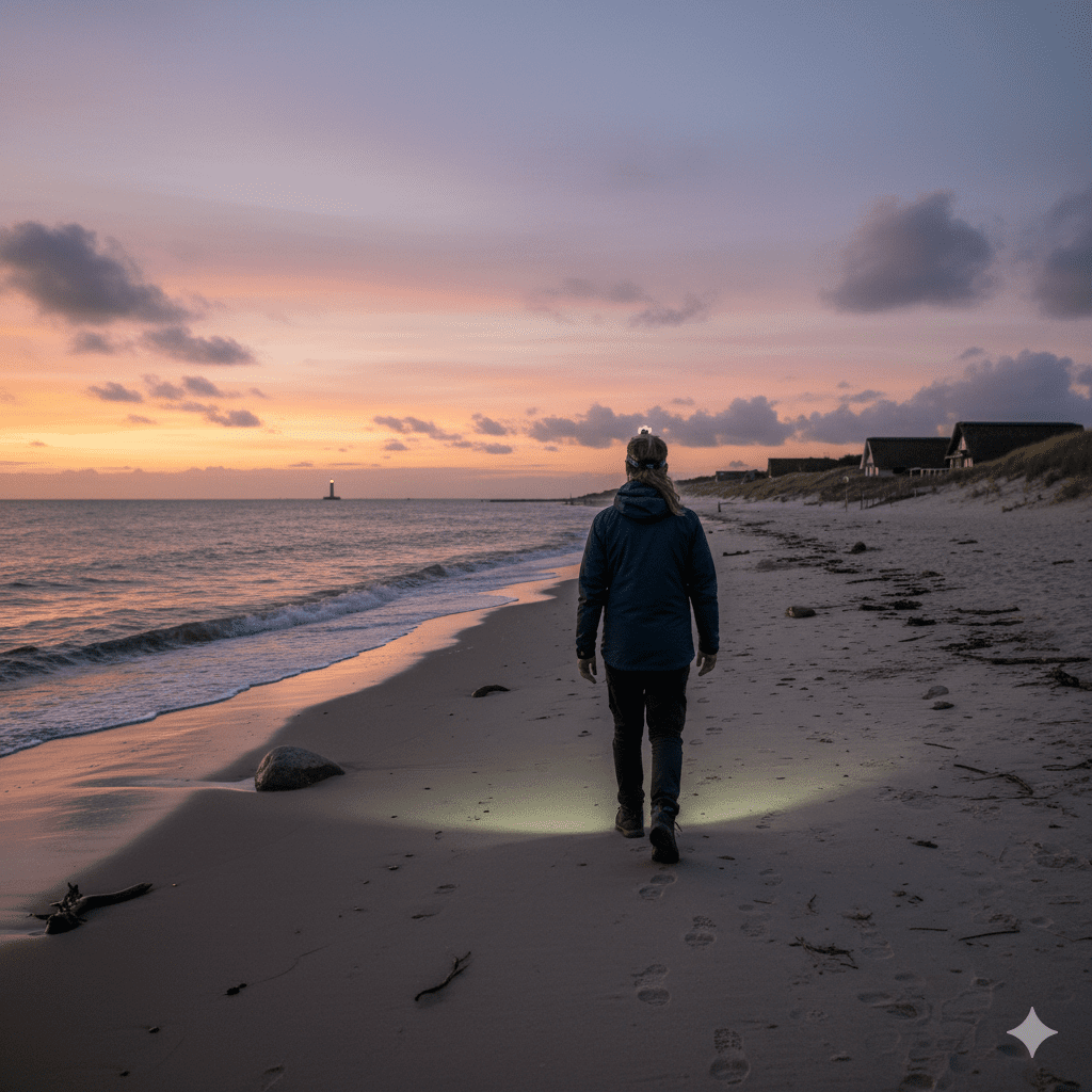 Stirnlampe bei einem Abendspaziergang am Strand in Dänemark
